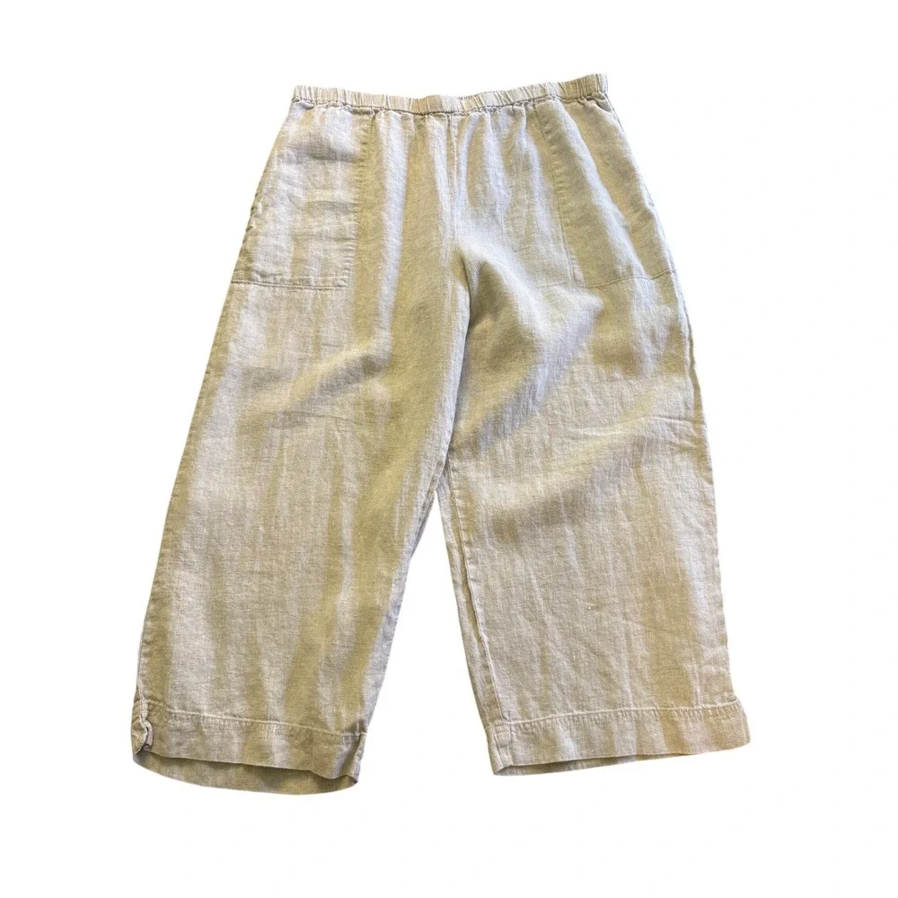 Chicos Design Womens 100% Linen Cropped Pants‎ Beige Coastal Resort Size 3 XL